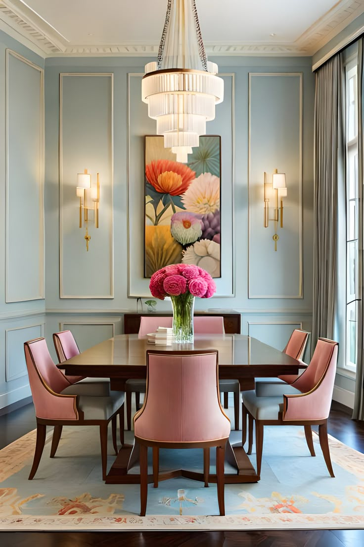 a dining room table with pink chairs and a large painting on the wall behind it