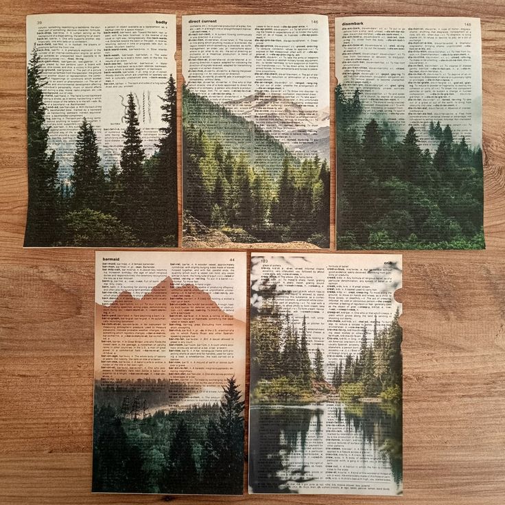 four books with pictures of mountains and trees on them sitting on a wooden table next to each other