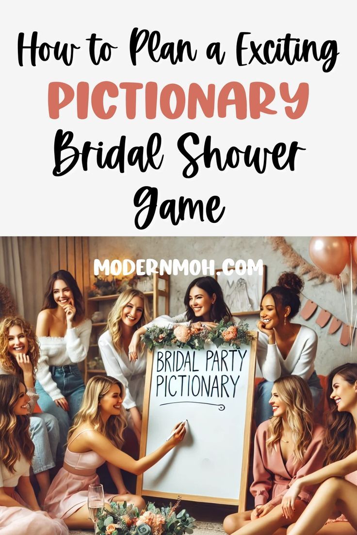 a group of women sitting around a sign that says how to plan a exciting pictorial bridal shower game