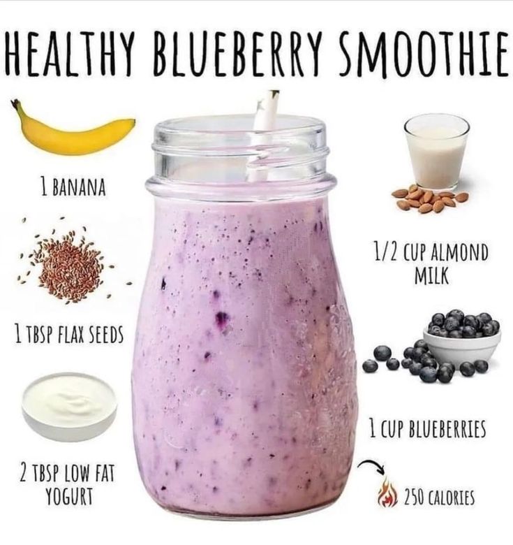 a blueberry smoothie in a mason jar with ingredients to make it into a smoothie