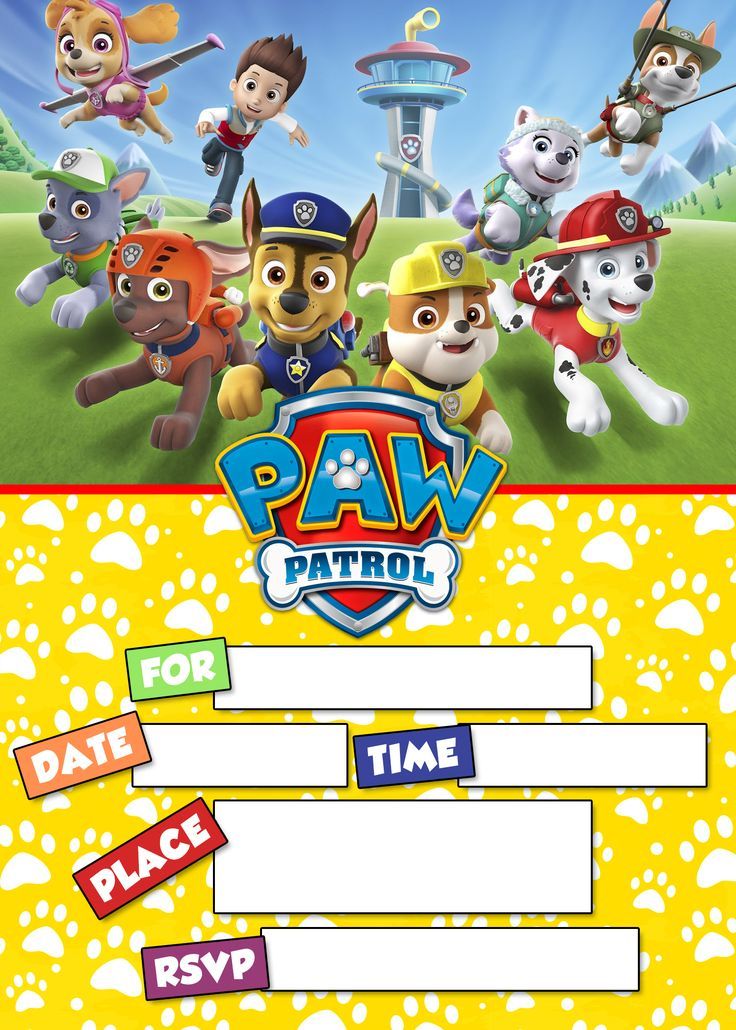 A Paw Patrol party invitation features a scene with all the pups running in a field in front of Lookout Tower. The shield logo is in the center and the bottom half features a yellow background covered in white paw prints. Paw Patrol Invitations Printables, Paw Patrol Party Invitations, Paw Patrol Birthday Invitations, Colorful Cupcakes, Paw Patrol Birthday Party, Paw Patrol Party, Paw Patrol Birthday, Photo Invitations, Paw Patrol