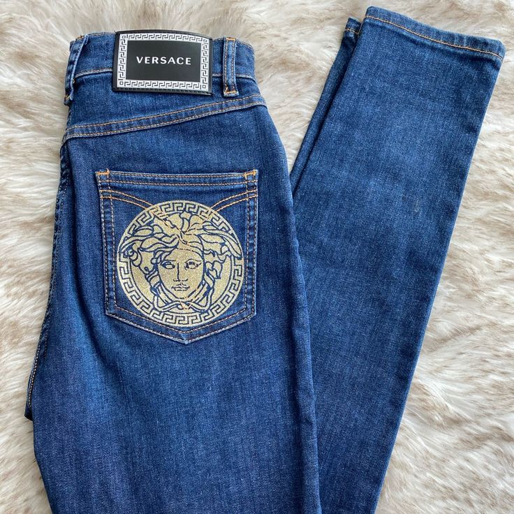 Versace Size 25 Dark Denim Jeans With Gorgeous Gold Logo On Back Pocket And Large Versace Logo With Tags!* They Look Amazing On Has Stretch Luxury Blue Jeans, Versace Blue, Versace Gold, Versace Logo, Dark Denim Jeans, Versace Jeans, Gold Logo, Jeans Color, Dark Denim