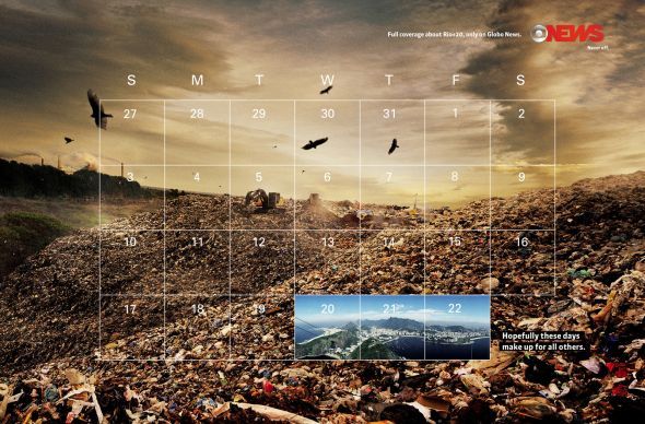 an image of a calendar with birds flying over the top of trash mounds and mountains