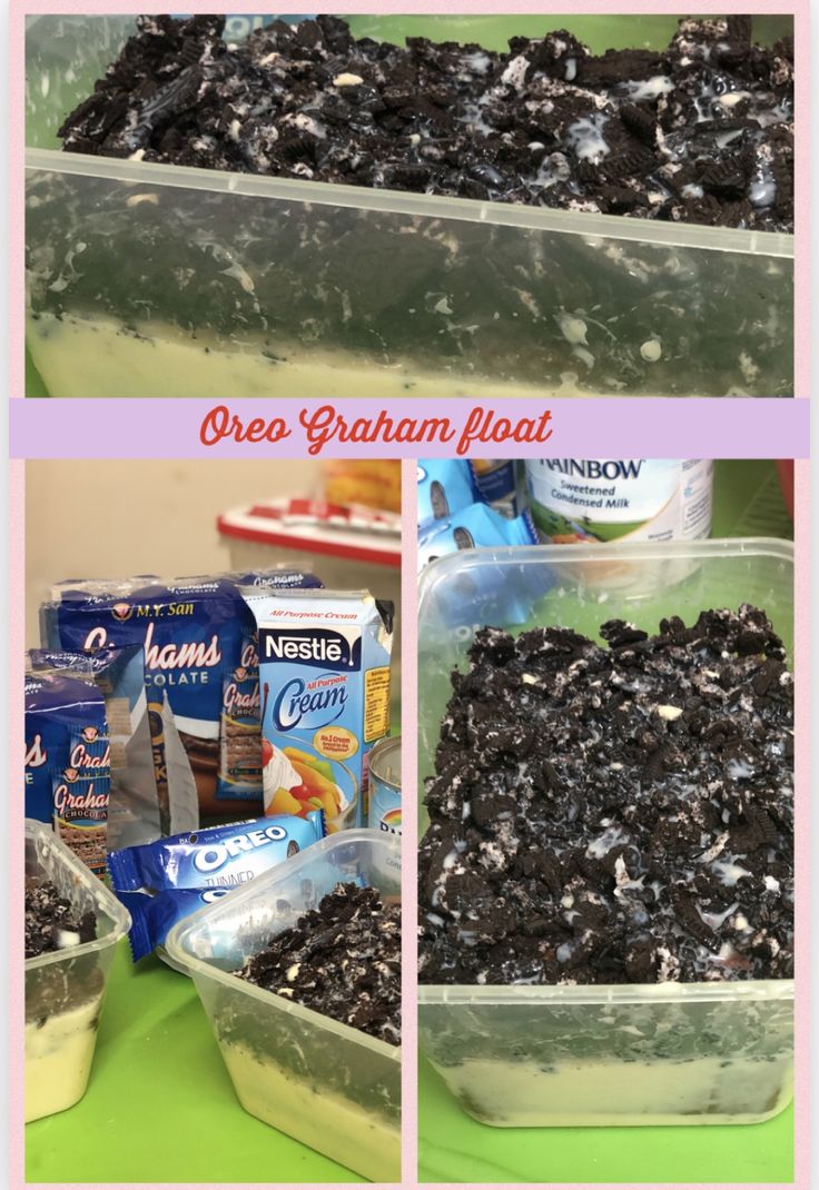 the process of making oreo granola float is shown in three different pictures, including one