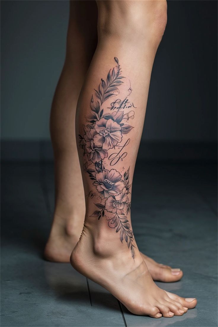 Discover the world of pretty and meaningful tattoos for women that beautifully adorn the calf. From cute floral designs to classy patterns, these tattoos can express your individuality and style. Whether you prefer small, delicate art or bold, intricate pieces, there are countless options to choose from. Explore unique tattoo ideas that fit perfectly on your calf and inspire your next ink journey.#TattoosForWomen #CalfTattoos #UniqueTattooDesigns Female Lower Leg Tattoos, Women’s Leg Tattoos Calf, Leg Tattoos Women Meaningful, Nature Thigh Tattoo Women, Floral Calf Tattoos For Women, Back Of The Calf Tattoo, Lower Side Leg Tattoos Women, Side Of Calf Tattoos For Women, Tattoo On Calf For Women