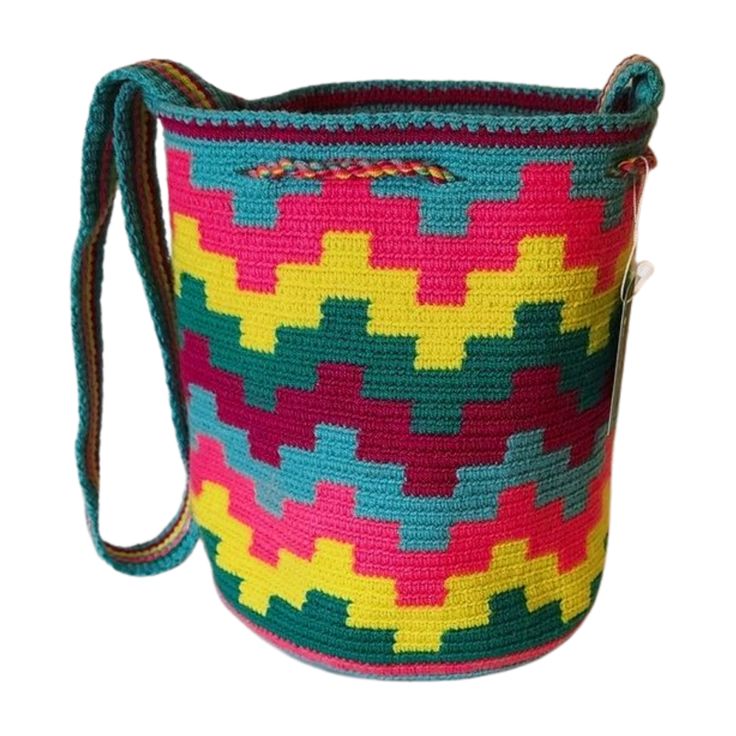 a multicolored woven basket with handles and straps on the handle is shown in front of a white background