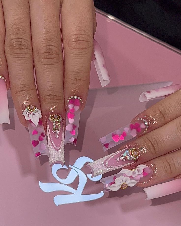 Blinged Out Valentine Nails, Pink Square Nails With Rhinestones, Long Valentines Nails, Bling Valentines Nails, Valentines Nails Long, Pink Gem Nails, Acrylic Nail Designs Classy, Acrylic Nail Designs Coffin, Bday Nails