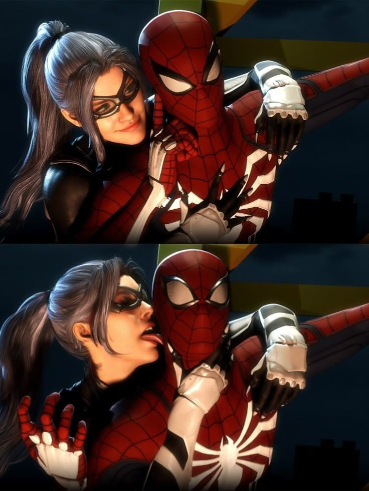 spider - man and woman kissing each other in front of a dark background