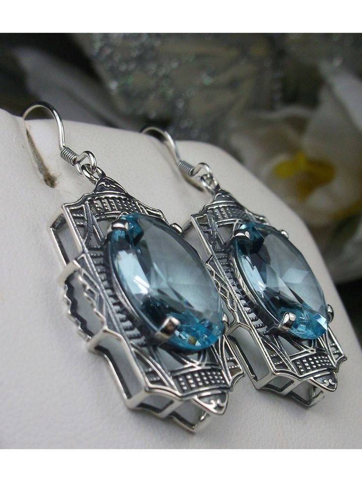 Sky Blue Aquamarine Earrings, oval gemstones, Silver Art Deco Filigree, Vintage Jewelry Vintage Oval Earrings Hallmarked, Oval Art Deco Earrings For Formal Occasions, Art Deco Oval Earrings For Formal Occasions, Vintage Oval Hallmarked Earrings, Formal Oval Art Deco Earrings, Silver Oval Earrings With Intricate Design, Victorian Jewelry With Oval Matching Earrings, Antique Silver Marquise Jewelry, Elegant Oval Earrings With Intricate Design