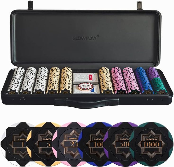 a case with poker chips in it and the number one on each side is shown