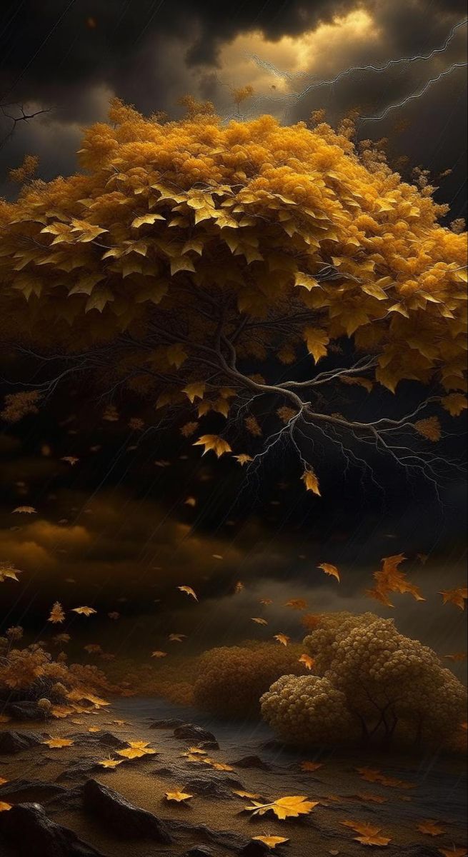 an image of a tree that is in the air with leaves falling from it's branches