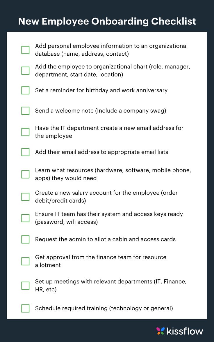 the new employee onboarding checklist is shown in green and black, with an image of