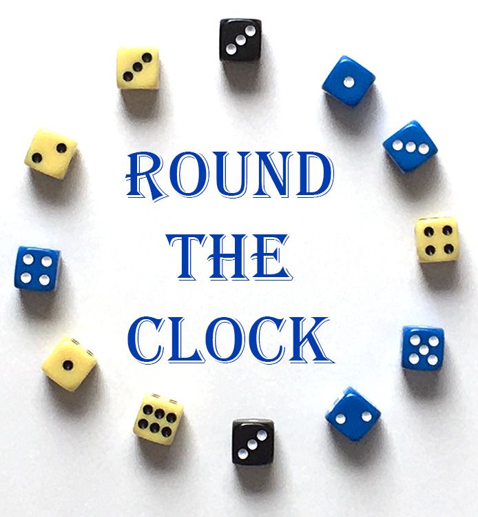 the words round the clock surrounded by dices on a white background with blue lettering