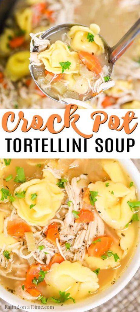 crock pot tortellini soup in a white bowl