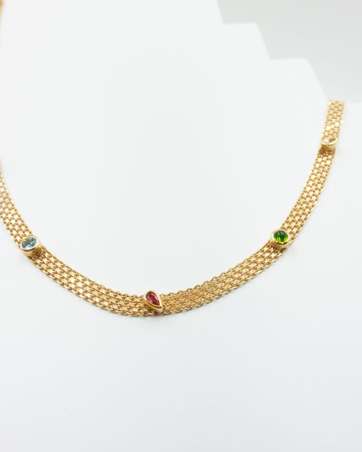 PRE-ORDER 18k solid yellow gold necklace ft. natural gem stones in varies shapes embellished on mesh chain design natural gem stones include - one square shaped ruby, one round shaped emerald and six various shaped multi-colour sapphire stones. mesh chain width 3.5mm total length 40cm + 5cm extender with self-adjustable sliding bead total weight 7.0g spring ring closure Fine Jewelry Yellow Gold Chain Necklace With Gemstone, Gold Multi-stone Emerald Necklace Gift, Fine Jewelry Yellow Gold Jeweled Necklace, Yellow Gold Jeweled Fine Jewelry Necklace, Luxury Jeweled Yellow Gold Necklace, Luxury Yellow Gold Jeweled Necklace, Yellow Gold Multi-stone Necklaces, Yellow Gold Plated Multi-stone Necklace, Yellow Gold-plated Multi-stone Necklace