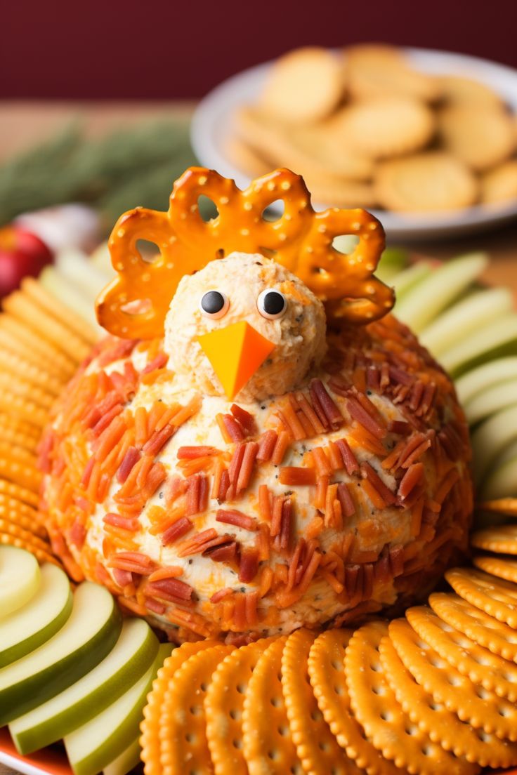 a turkey cheese ball with crackers and apples