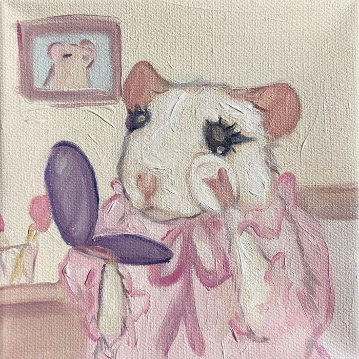 a painting of a hamster looking at its reflection in a mirror and holding a plate