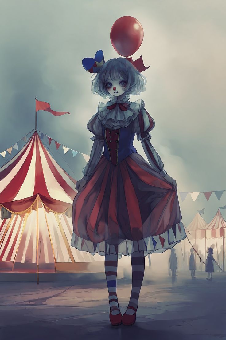 a woman in a clown costume holding a red balloon while standing next to a circus tent