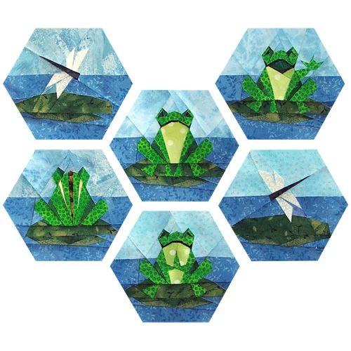 four hexagons with frog images on them