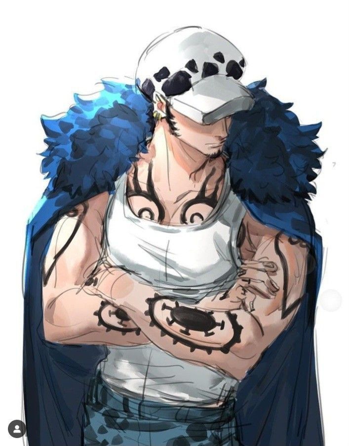 a drawing of a man with blue hair wearing a white shirt and black pants, holding his arms crossed