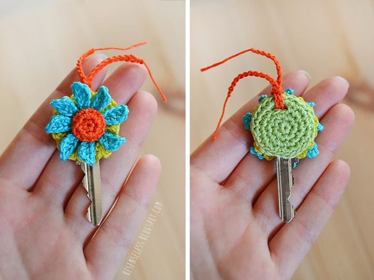 crocheted flower brooch in the palm of someone's hand, before and after it has been made