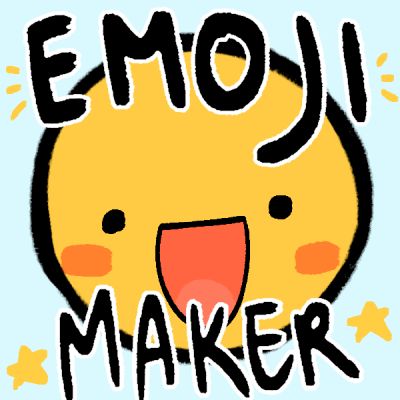 the words emoj maker are written in black on a blue background