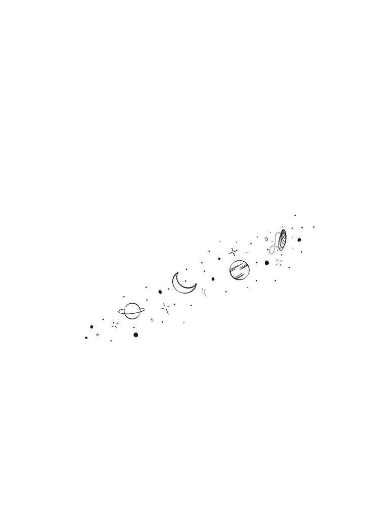 a black and white drawing of the moon, stars and planets on a white background