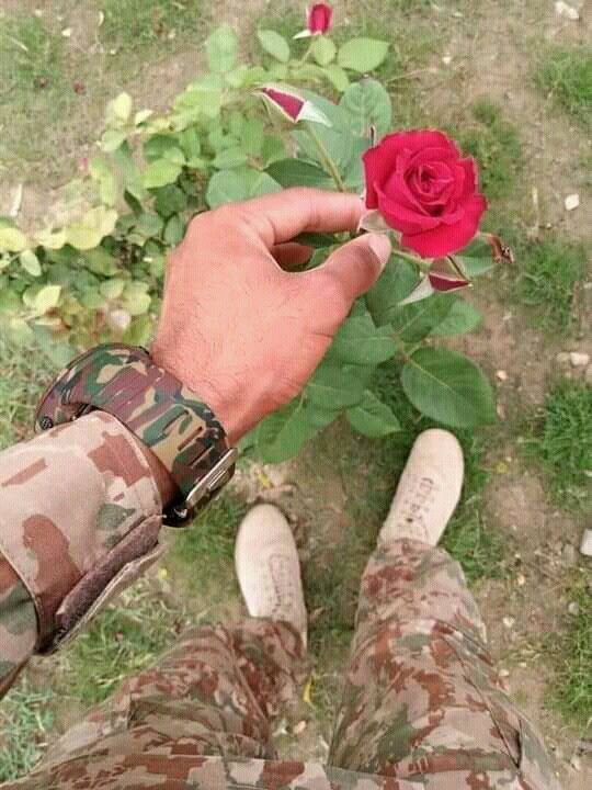 a man in camouflage pants holding onto a red rose