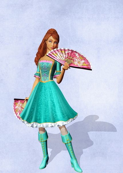 a woman in a blue dress holding a fan and wearing green boots with pink flowers on them