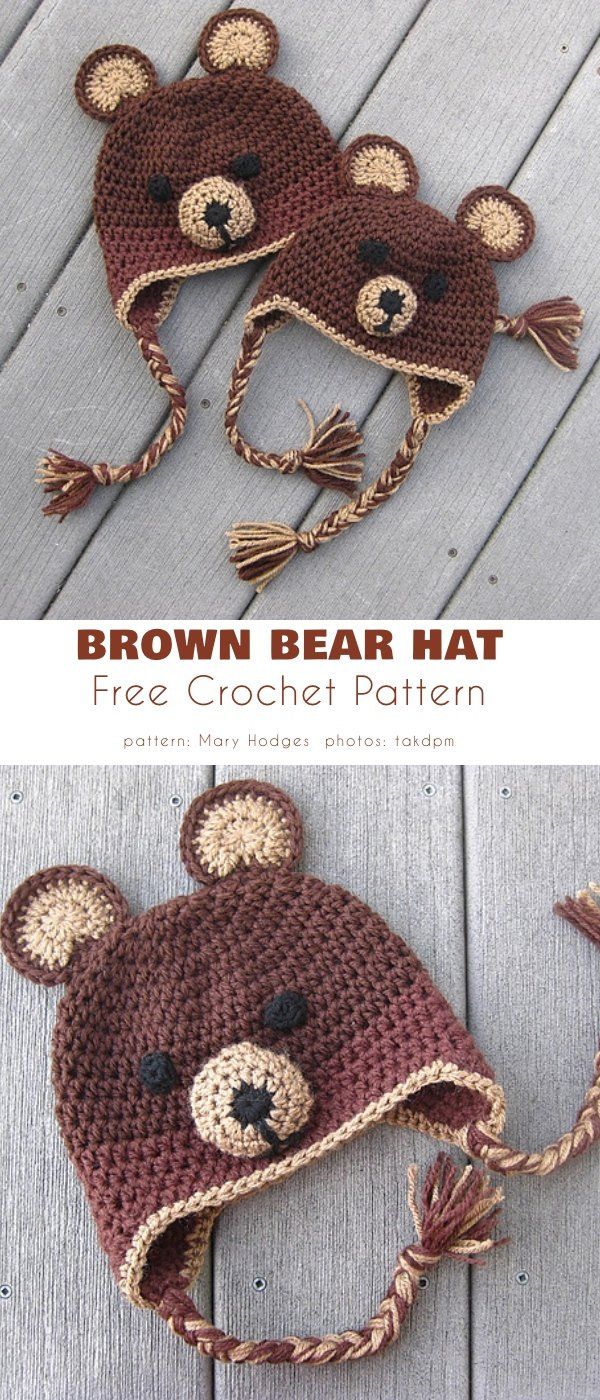 two crocheted hats with brown bears on them