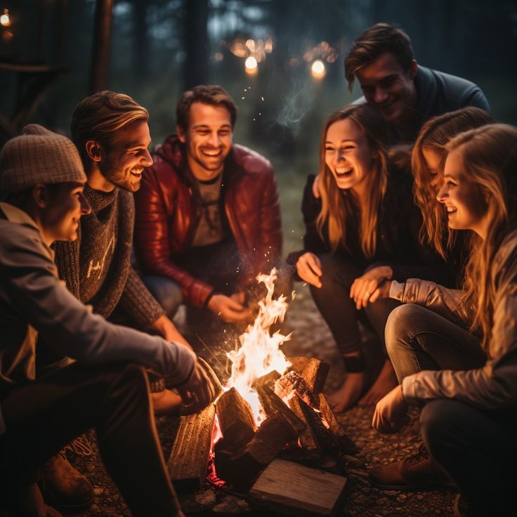 a group of people sitting around a campfire