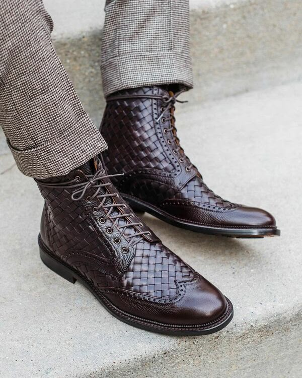 Handmade Dark Brown Woven Leather Ankle High Boot on Storenvy Gents Shoes, Male Shoes, Quality Leather Boots, Wingtip Shoes, Custom Design Shoes, Ladies Boots, High Ankle Boots, Men’s Boots, Formal Shoes