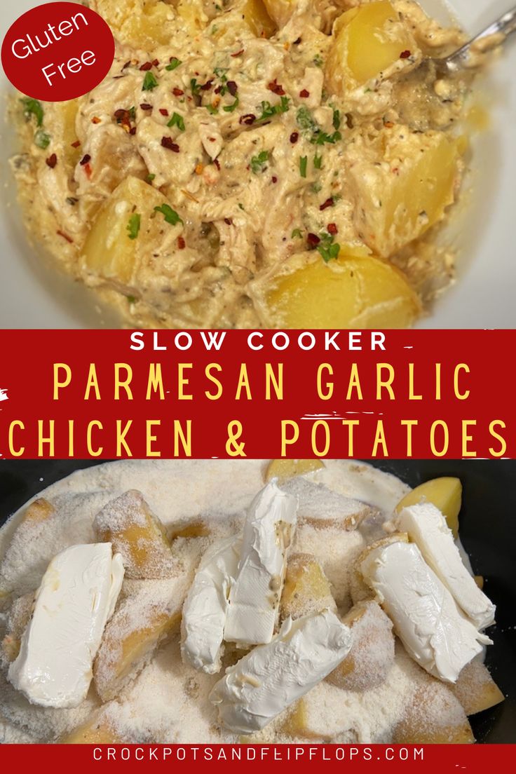 chicken and potatoes in a slow cooker with text overlay that reads slow cooker parmesan garlic chicken & potatoes