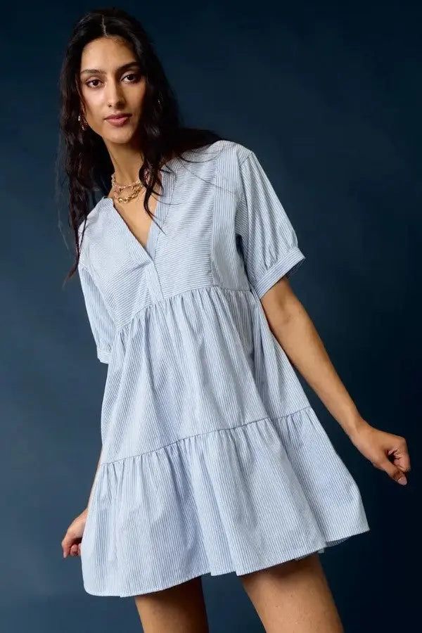 Striped Cotton Mini Dress, Striped V-neck Cotton Dress, Chic Striped V-neck Mini Dress, Striped Mini Dress With Ruffles And Short Sleeves, Chic Striped Tiered Dress, Spring Striped Mini Dress For Daywear, Striped Knee-length Mini Dress For Daywear, Striped V-neck Dress For Daywear, Striped Mini Dress For Daywear