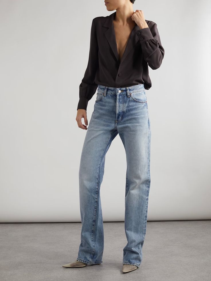 SAINT LAURENT Nico distressed mid-rise straight-leg jeans | NET-A-PORTER Tailored Jeans, Office Fits, Saint Laurent Jeans, Androgynous Outfits, Straight Denim Jeans, Tailoring Jeans, Soft Life, 2024 Style, Fits Inspo