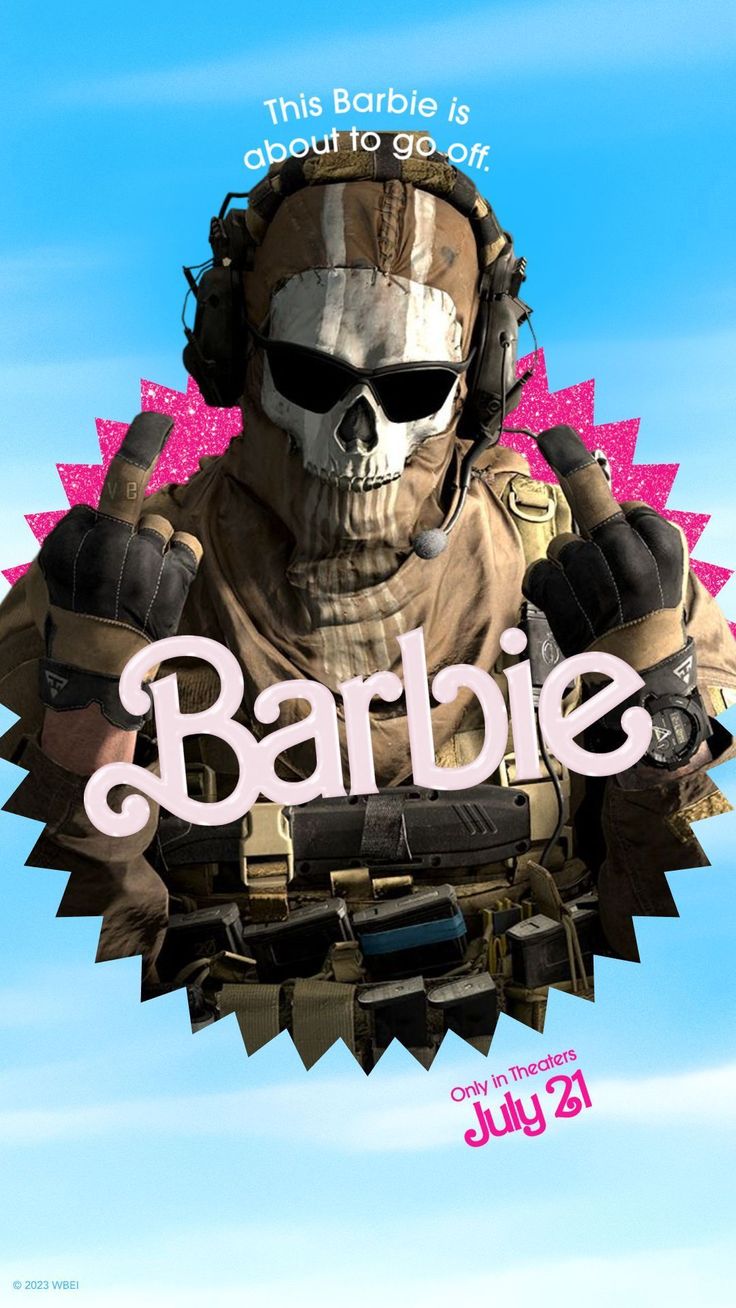 a poster for the movie barbie with a skull in it's head and sunglasses on