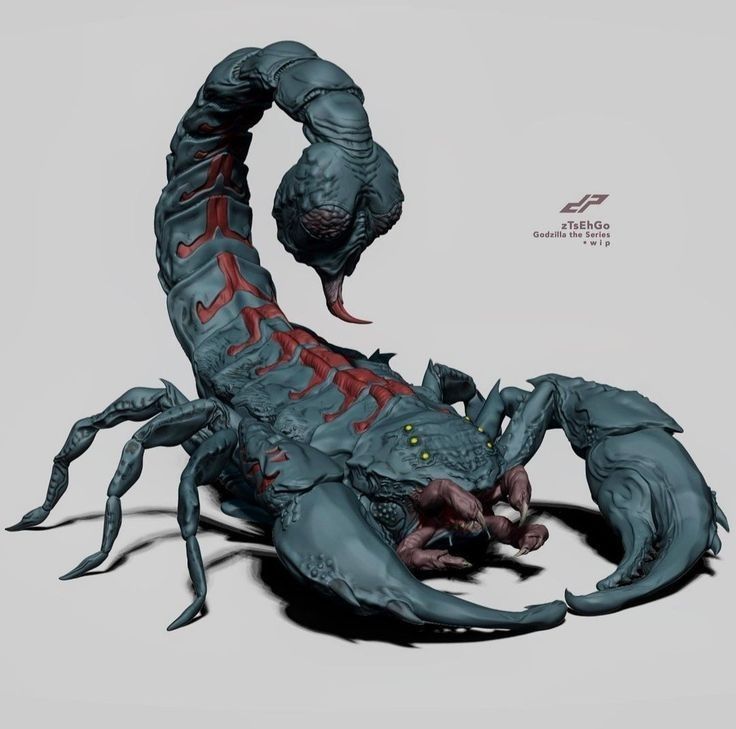 a drawing of a scorpion with red markings on it's back legs and claws