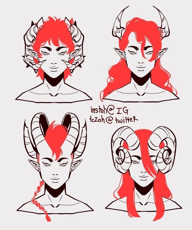 four different types of hair with horns and horns on their head, one is red