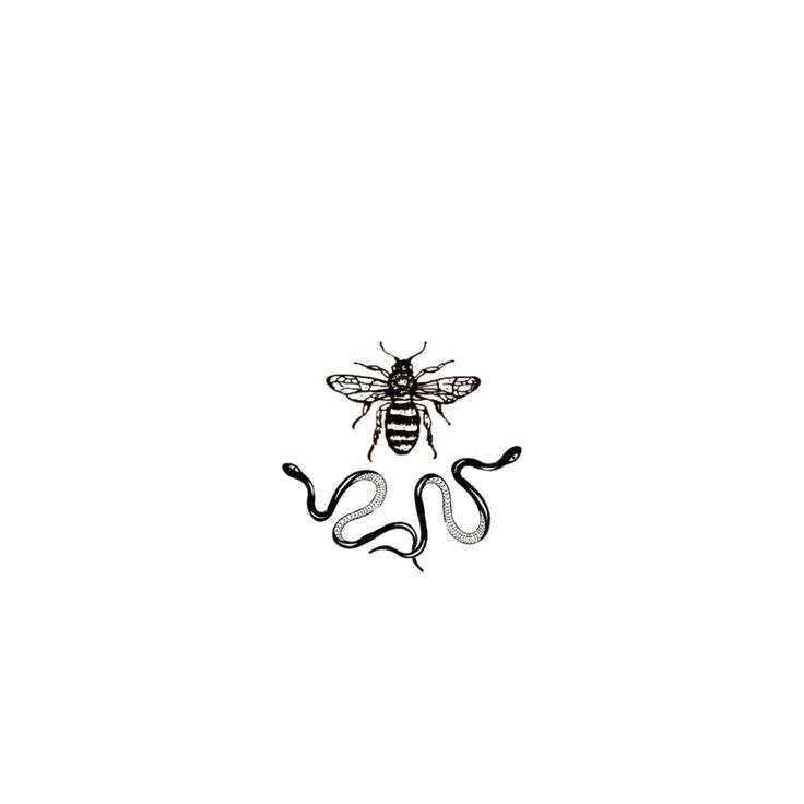 a black and white drawing of a bee with two snakes on it's back