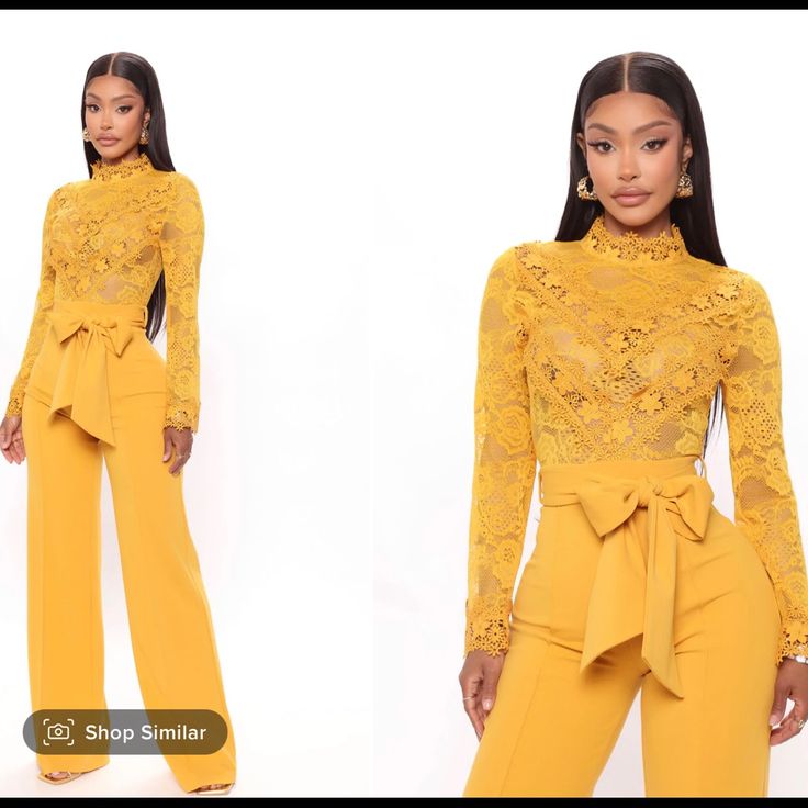 Brand Fashion Nova Lillian Lace Jumpsuit S Mustard Jumpsuit, Lace Top, Mock Neck, Long Sleeve Tie Waist, Wide Leg Pant, Back Zipper, Stretch 35” Inseam 95% Polyester, 5% Spandex 90% Polyamide, 10% Spandex Fitted Yellow Jumpsuit With Short Sleeves, Yellow V-neck Jumpsuits And Rompers For Vacation, Yellow V-neck Jumpsuits And Rompers For Day Out, Turquoise Jumpsuit, Elegant Yellow Long Sleeve Jumpsuit/romper, Black Denim Jumpsuit, Mustard Jumpsuit, Crochet Jumpsuits, Velour Jumpsuit