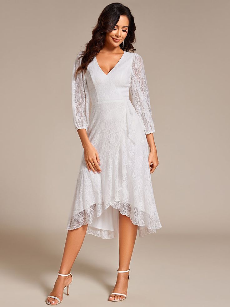 Elegant Lace A-Line Long Sleeves Midi Wedding Guest Dress #color_White Midi Wedding Guest Dress, Lace Wedding Guest Dress, Plus Size Bridesmaid, Prom Dresses Sleeveless, Guest Attire, Wedding Attire Guest, Affordable Dresses, Guest Dress, Wedding Guests