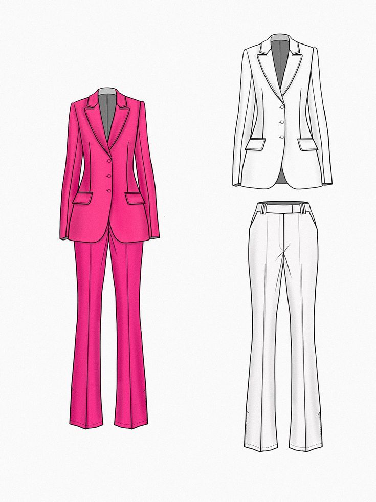 a woman's suit and pants are shown in this drawing, with the same color