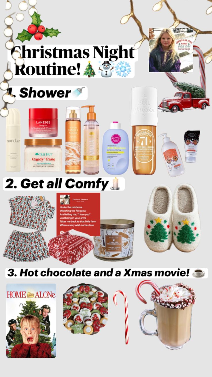 christmas night routine and shower gift guide for the holiday season info sheet with text overlay