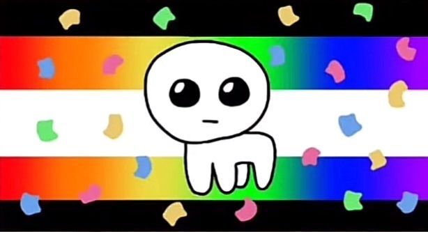 a cartoon character is standing in front of a rainbow colored background with confetti