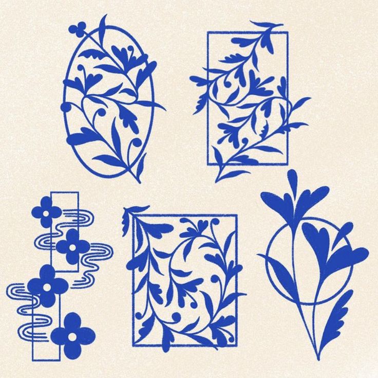 blue flowers and leaves are arranged in the shape of square frames