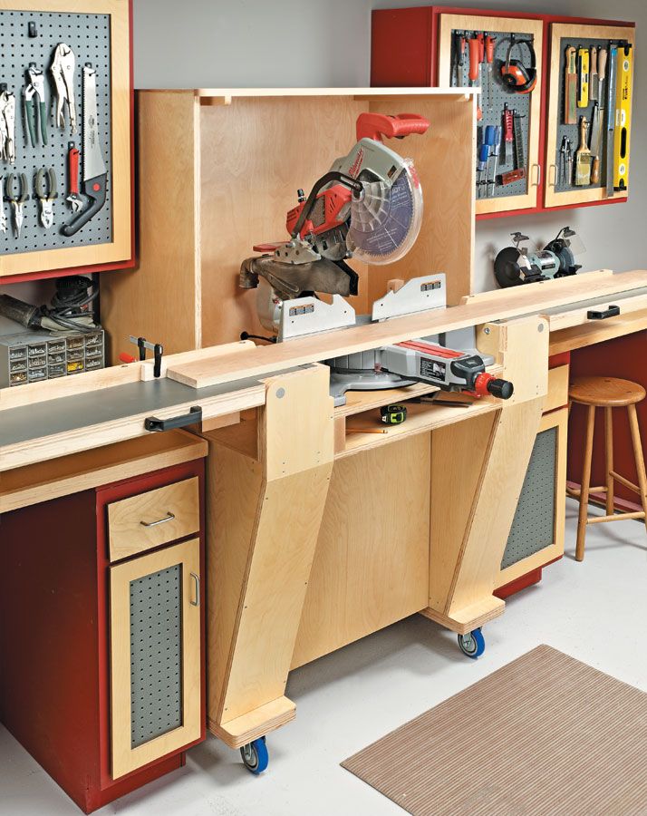 a workbench with tools on it in a garage