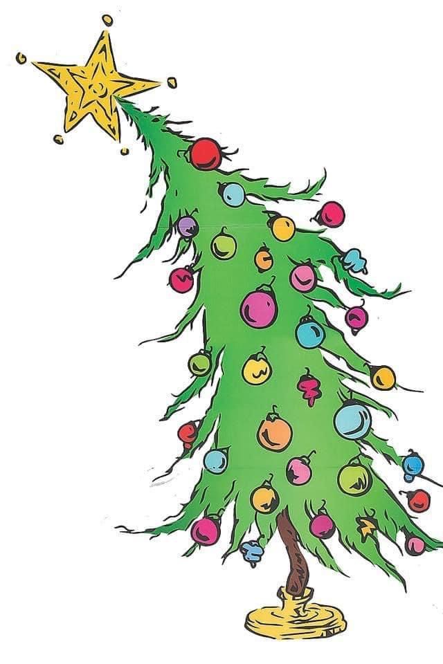 a drawing of a christmas tree with ornaments on it and a star above the top