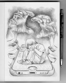 a drawing of a person sitting on top of a cell phone