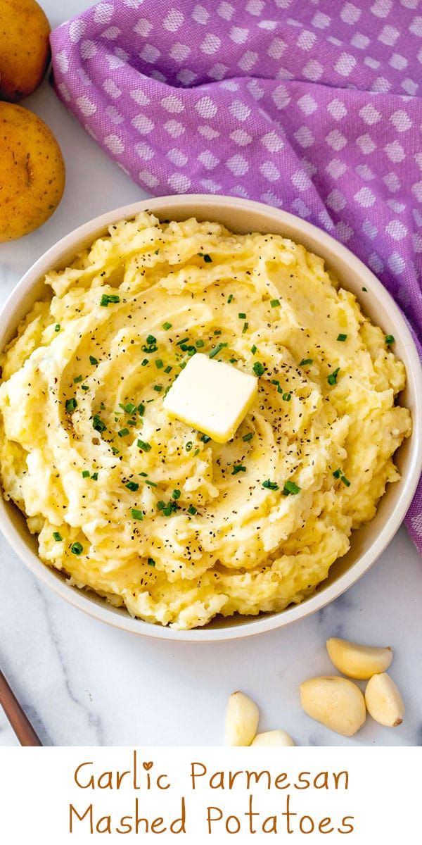 garlic parmesan mashed potatoes in a white bowl