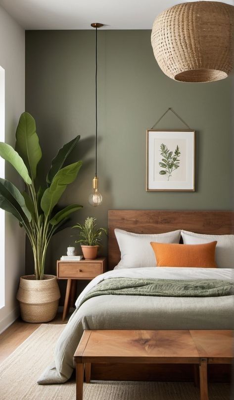 a bedroom with a bed, plant and pictures on the wall above it's headboard